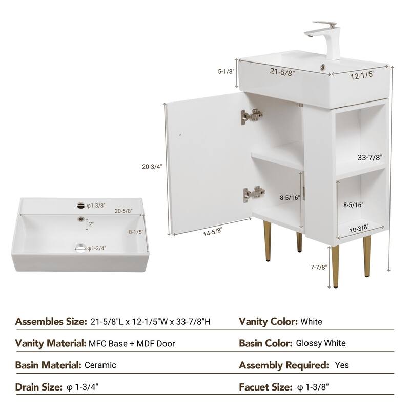 Compact White Bathroom Vanity with Ceramic Sink, Soft-Closing Cabinet, and Brushed Copper Accents for Small Spaces