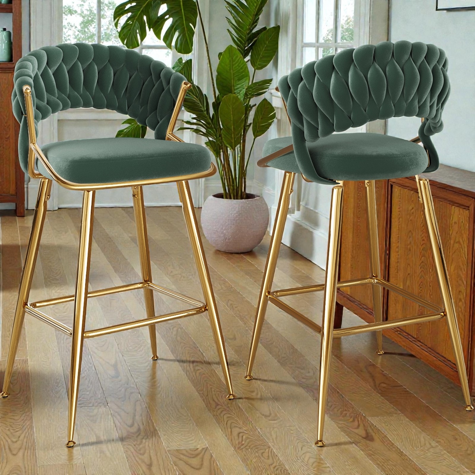 25.2" Velvet Counter Stools Set of 2 with Back and Footrest, Upholstered Metal Bar Chairs for Kitchen Island and Bar