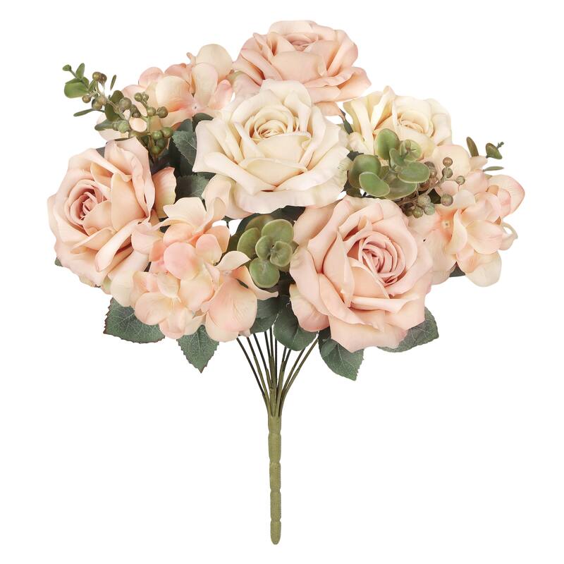 Set of 2 Champagne Peach Artificial Mixed Rose Hydrangea Flower Stem Bush Bouquet 19in - 19" L x 12" W x 12" DP - 19" L x 12" W x 12" DP - Champagne Peach