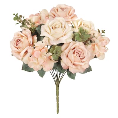 Set of 2 Champagne Peach Artificial Mixed Rose Hydrangea Flower Stem Bush Bouquet 19in - 19" L x 12" W x 12" DP