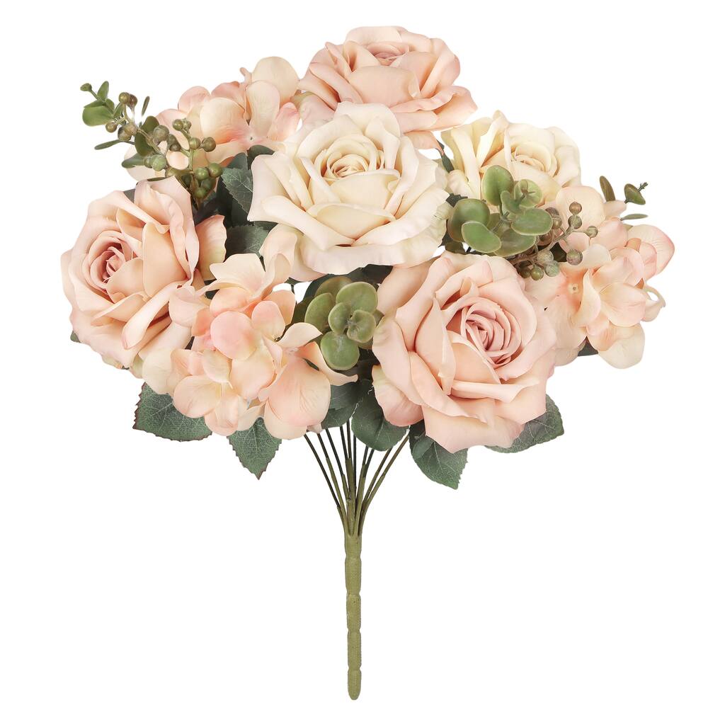 Set of 2 Champagne Peach Artificial Mixed Rose Hydrangea Flower Stem Bush Bouquet 19in - 19" L x 12" W x 12" DP