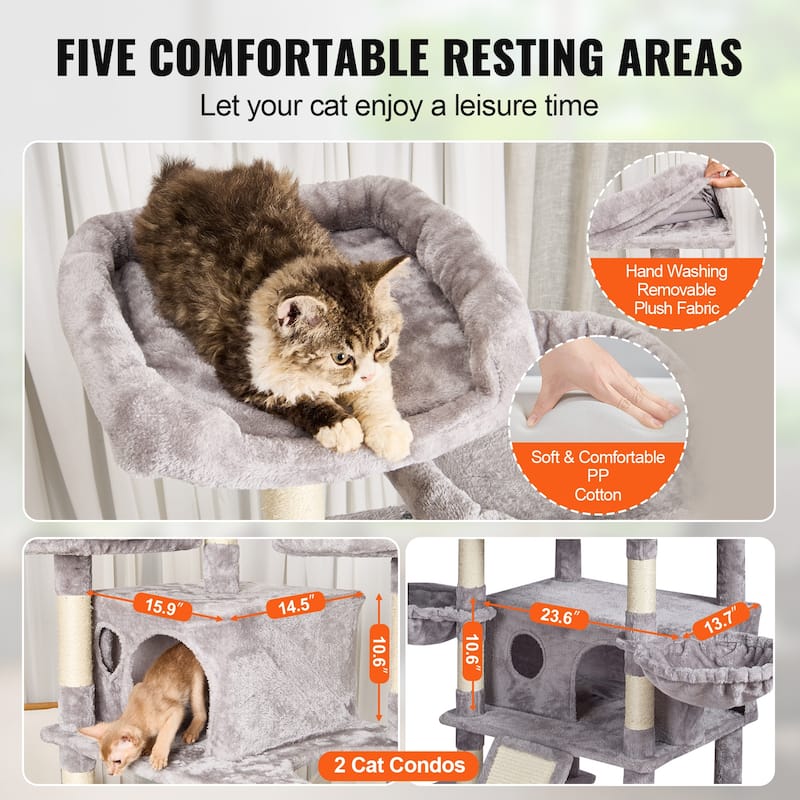 Cat Tree for Indoor Cats, 68.5" Cat Tower with 2 Cat Condos, Sisal Scratching Post, Hammocks, Top Perches