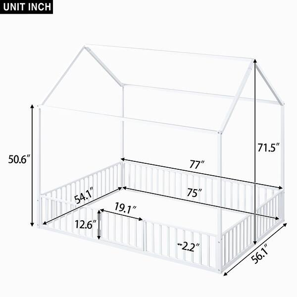 Full Size Metal Bed with House Frame Featuring Roof, Perimeter Fence, and Access Door, Durable Sturdy Construction
