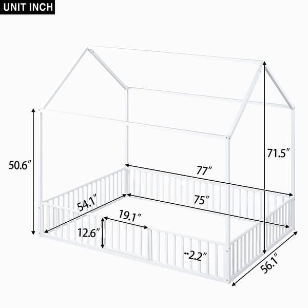 White Full Size Metal House Bed with Fence, Roof, and Door for Kids' Bedroom