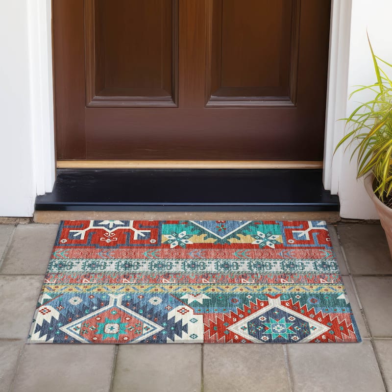 Machine Washable Indoor/ Outdoor Boho Tribal Chantille Rug - Red - 1'8" x 2'6"