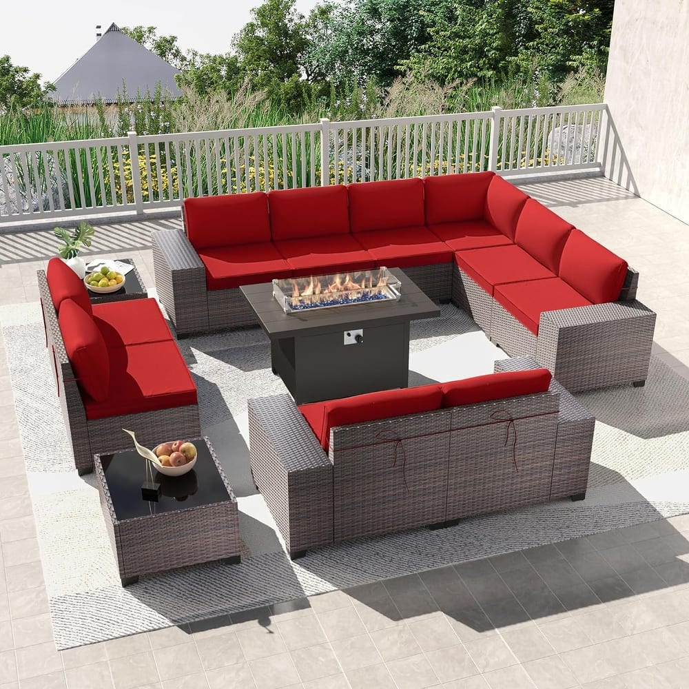 Delnavik 13 Pieces Outdoor Patio Furniture Set with Fire Pit Table w/ Wide Armrests