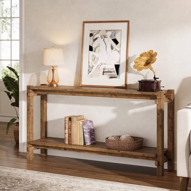 2-Tier Farmhouse Entryway Table, 63-Inch Solid Wood Console Table
