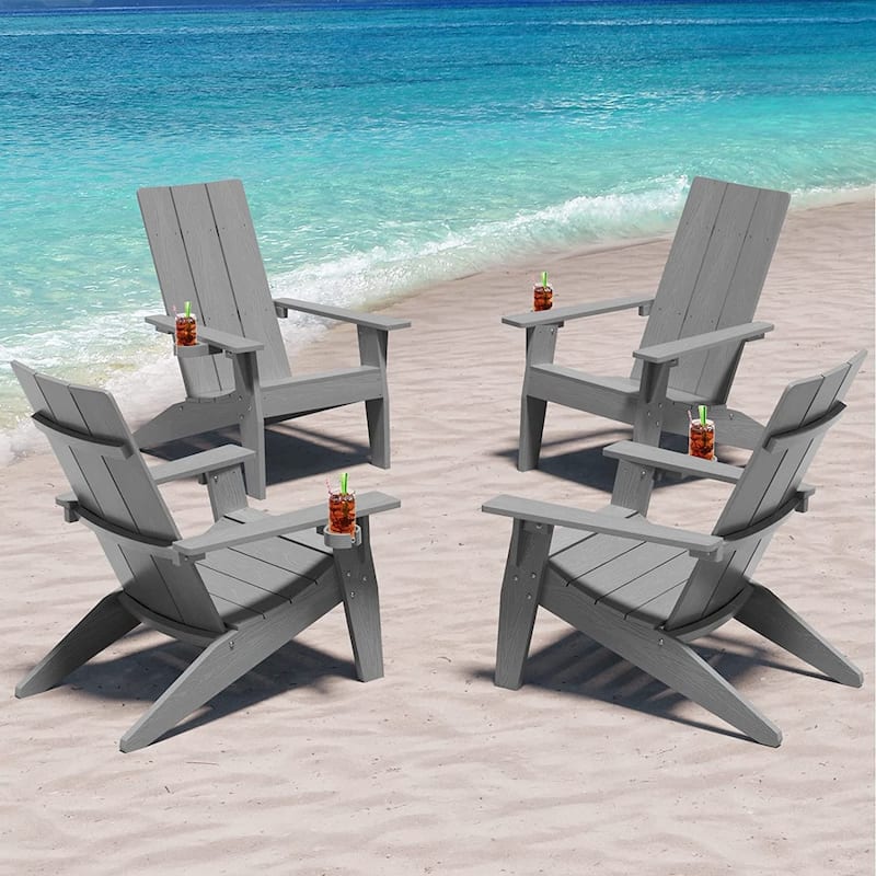 WINSOON All Weather HIPS Outdoor Adirondack Chairs with Cup Holder Set of 4 - Grey