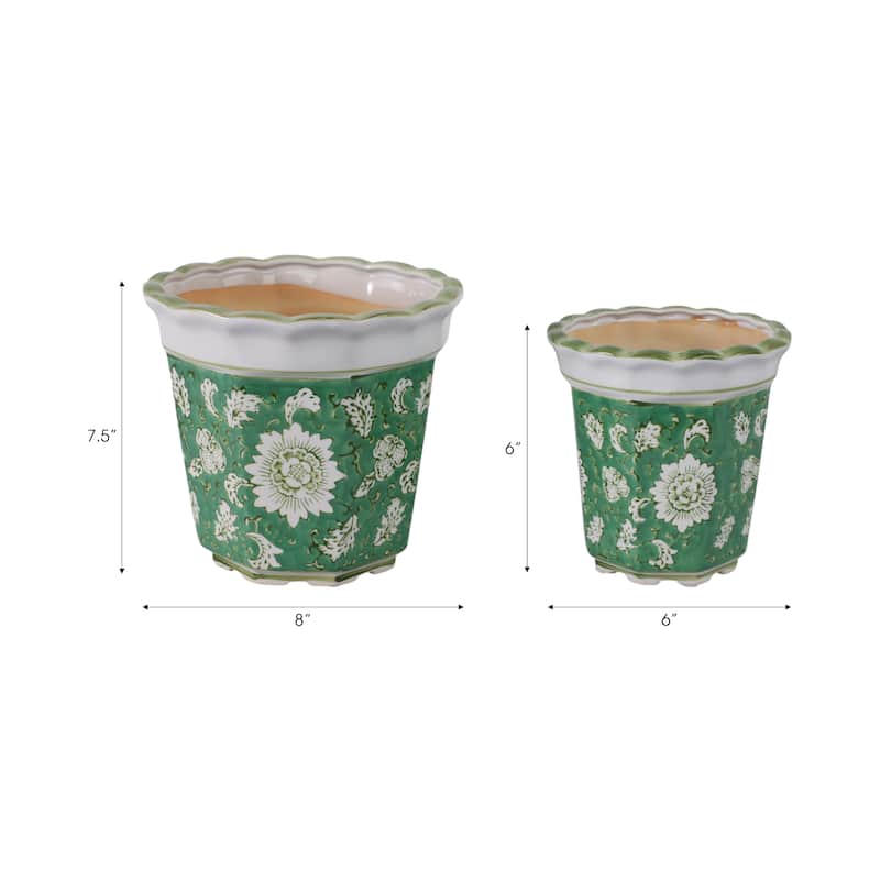 Ceramic Planters Embossed Bird Floral Detailing Scalloped (Set of 2)
