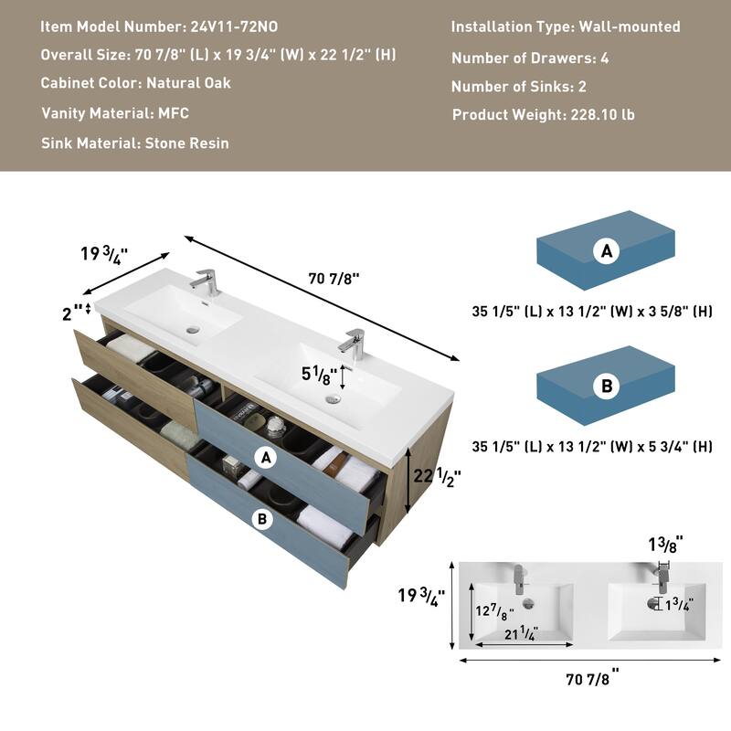 Wall 72" Floating Bathroom Vanity with Sink & and 4 Soft Close Drawers,White/Oak/Grey - 72 inch