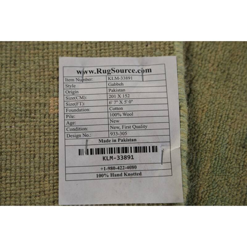 Modern Gabbeh Oriental Area Rug Handmade Green Wool Carpet - 5'0" x 6'7"