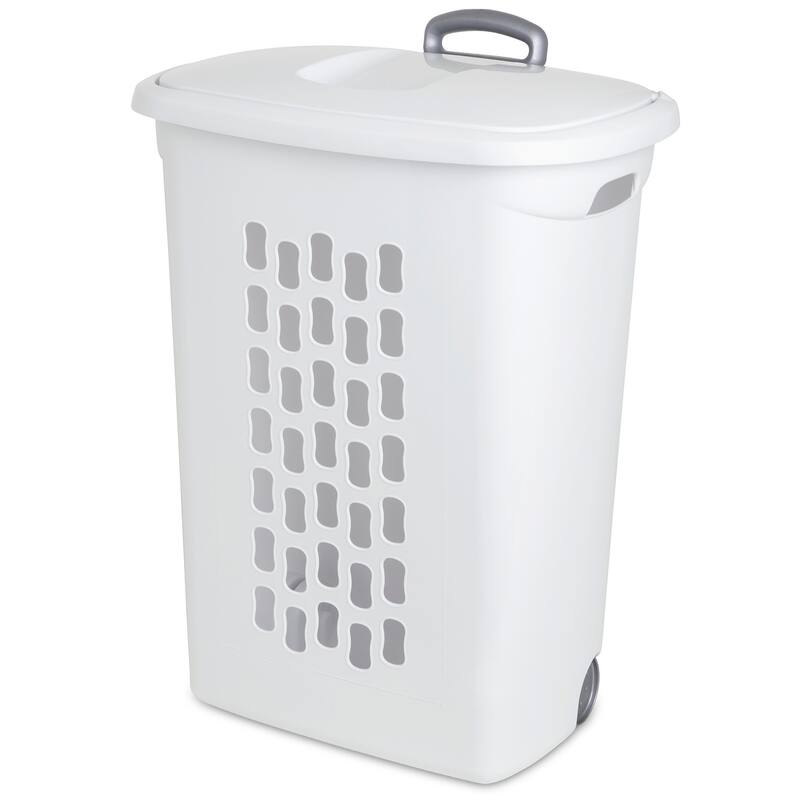 Sterilite Laundry Hamper Flip Top Lid Retractable Pull Handle Wheels, (3 Pack) - N/A - White