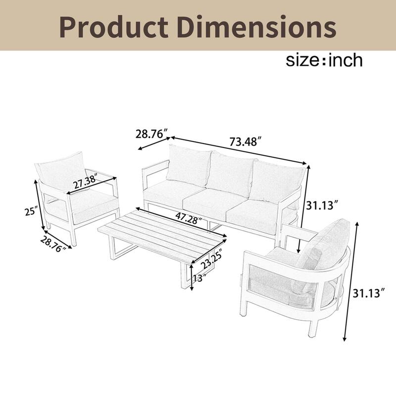 Iron Outdoor Seating Set with Thick Cushion Chairs, Plastic Wood Table