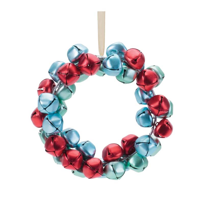 Metal Sleigh Bell Wreath Ornaments Set of 12 for Christmas Tree - 4” x 2” x 4” - Blue/Red
