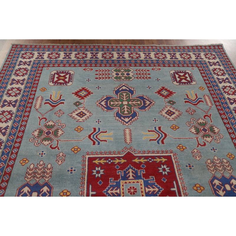 Hand Knotted Oriental 100% Wool Carpet Traditional Geometric Navy Blue & Blues Kazak Area Rug - 9' 8'' X 6' 8''