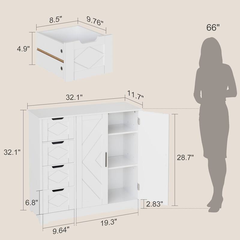 VECELO Wooden Bathroom Floor Cabinet, Side Storage Organizer Cabinet with 4 Drawers Freestanding Entryway Storage Unit
