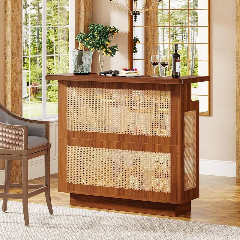 Farmhouse Bar Unit, 4-Tier Rattan Home Bar Table with Stemware Racks