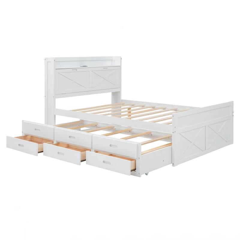 Full Size Wooden Bed with Storage Headboard with Outlets