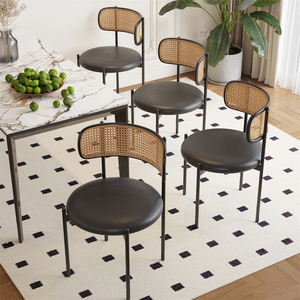 PU Leather Upholstered Seat Dining Chairs with Woven Rattan Back (Set of 4)