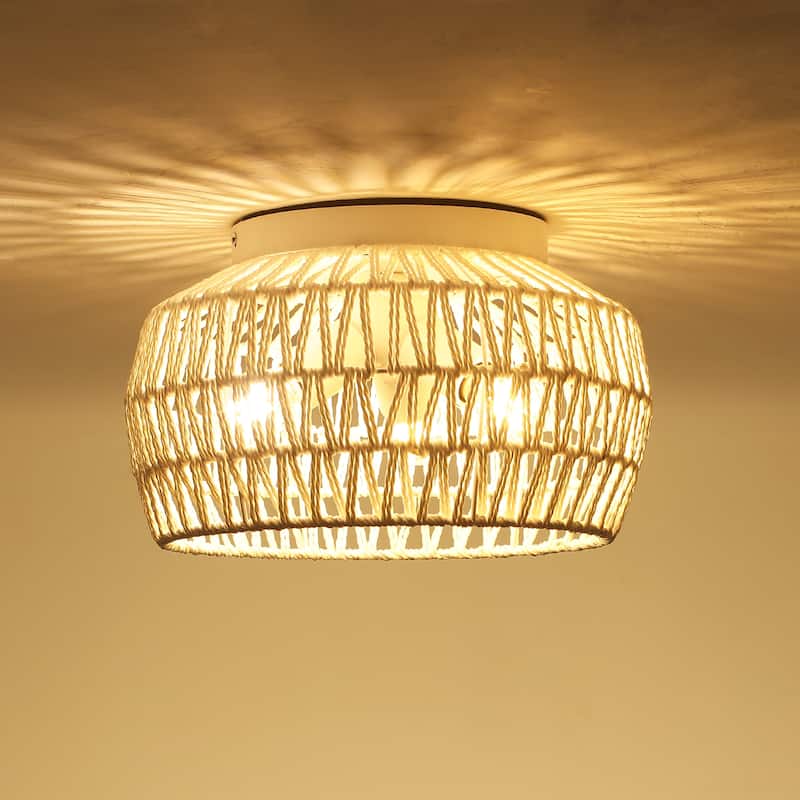 3-Light Rattan Semi Flush Mount Chandelier for Hallway Entryway Dining Room