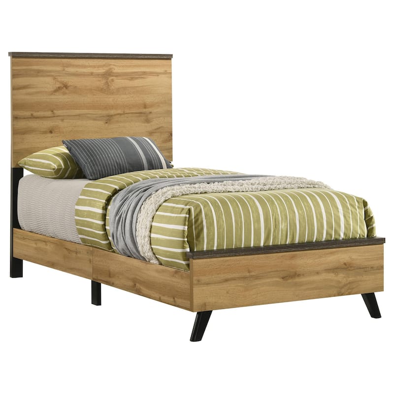 Wemy Twin Size Bed, Tall Panel Headboard, Natural Brown Pine Finish