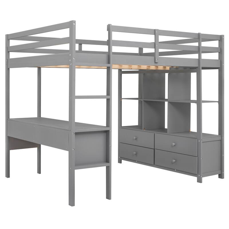Full Size Pine Wood Loft Bed with Built-in Desk with Two Drawers, and Storage Shelves and Drawers
