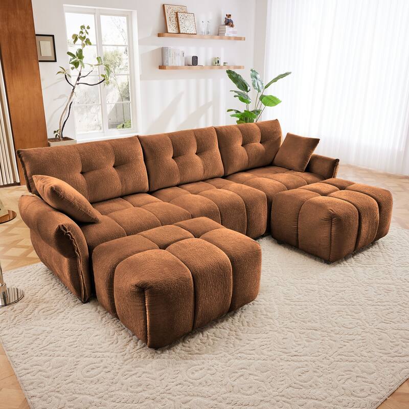 110.2" Chenille Sectional Sofa with Ottoman & Pillows - Orange