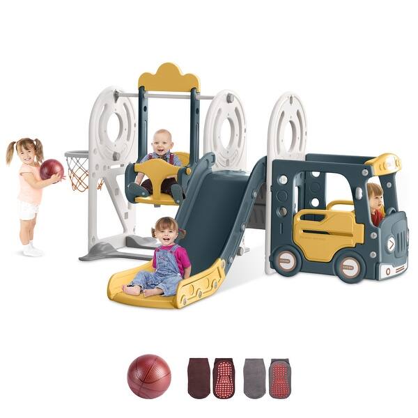 slide 2 of 24, 5 in 1 Indoor Outdoor Toddler Slide and Swing Set, Kid Slide for Toddlers Age 1-3, Bus Themed Baby Slide Blue Yellow