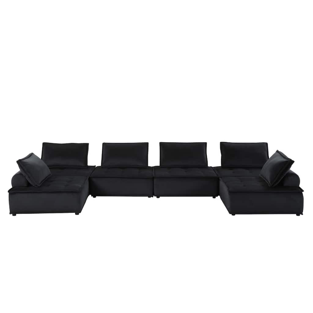 Alaya U Shaped Modular Sectional Sofa, Black Tufted Velvet, 160 Inch