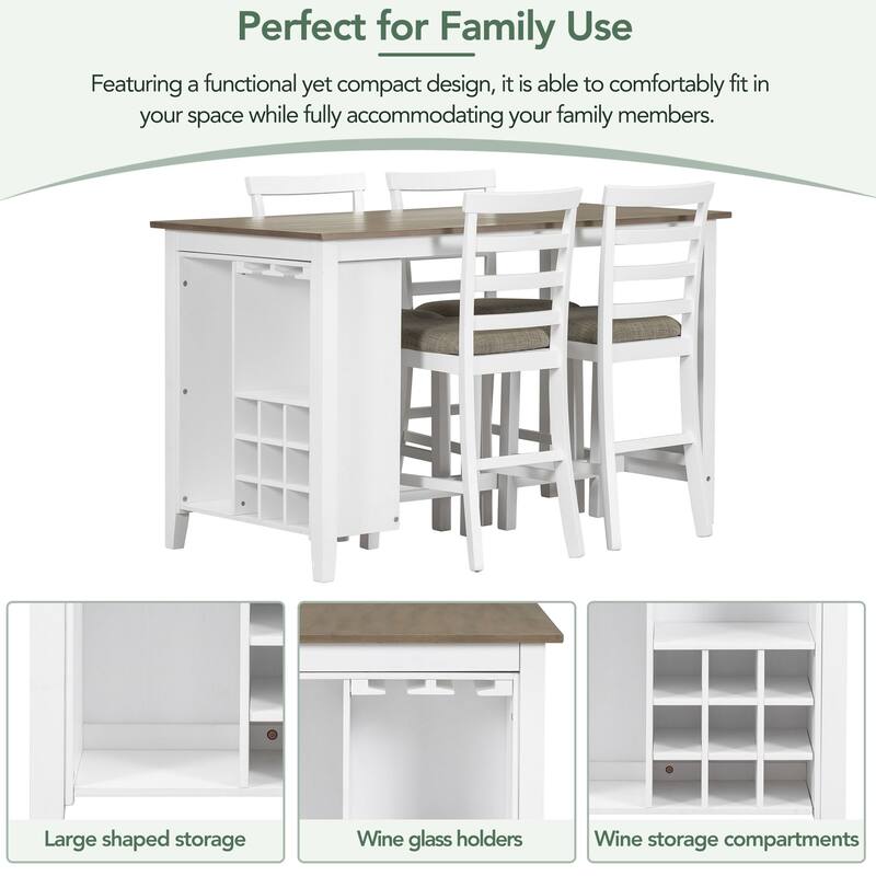 Rustic 5-Piece Counter Height Dining Table Set with 4 Chairs & Storage