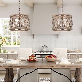 Farmhouse 4-Light Lantern Foyer Island Lights Wood Drum Chandelier for Dining Room