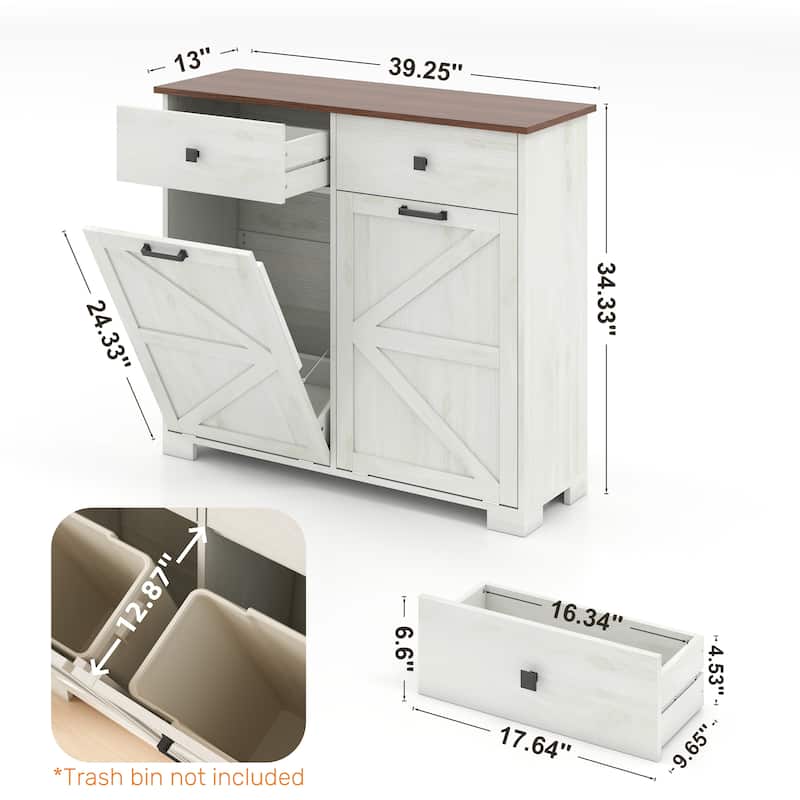 Farmhouse Double Tilt Out Trash Cabinet for Two 10 Gallon Bins, Barn Door Recycling Cabinet with Drawer Storage