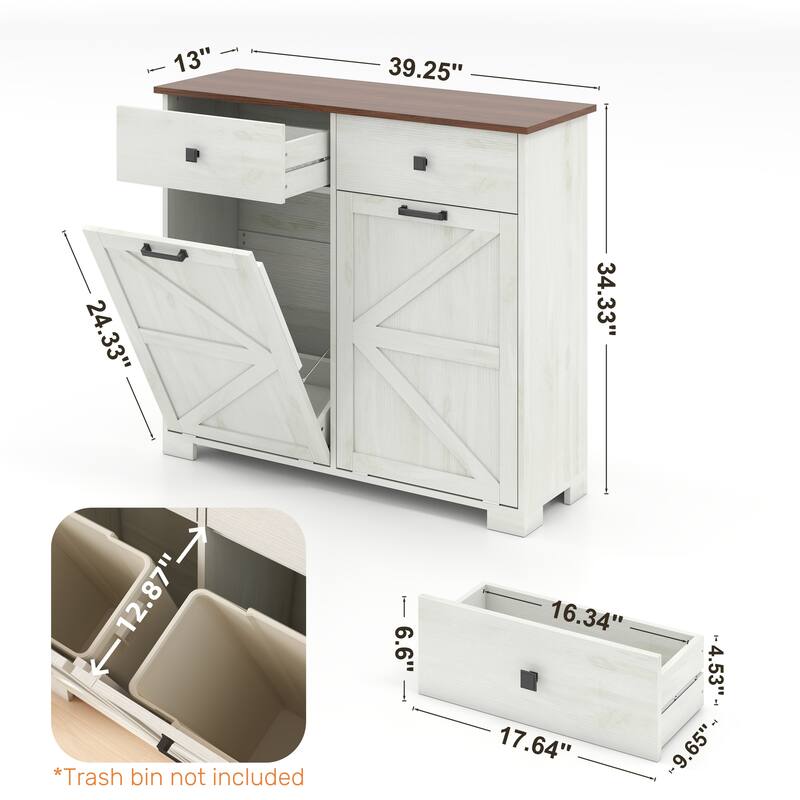 Tilt Out Trash Cabinet, Freestanding Wooden Trash Recycling Cabinet, Hidden Dual Laundry Cabinets with 2 Drawers & 2 Baskets