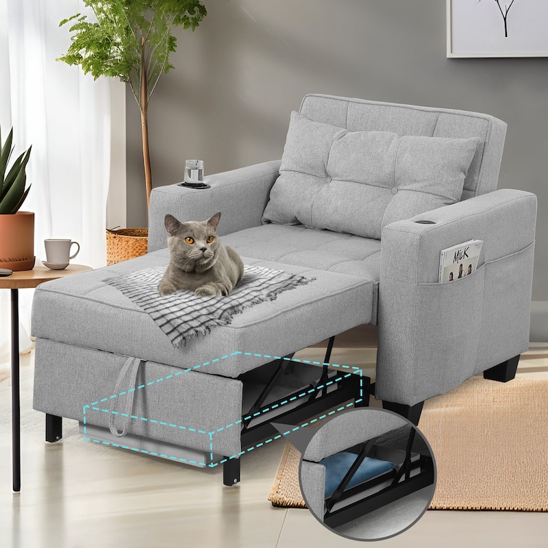 Pull Out Sofa Couch Bed Convertible Sleeper Sofa Bed with Storage Chaise, Sofa Couch - Light Gray Linen