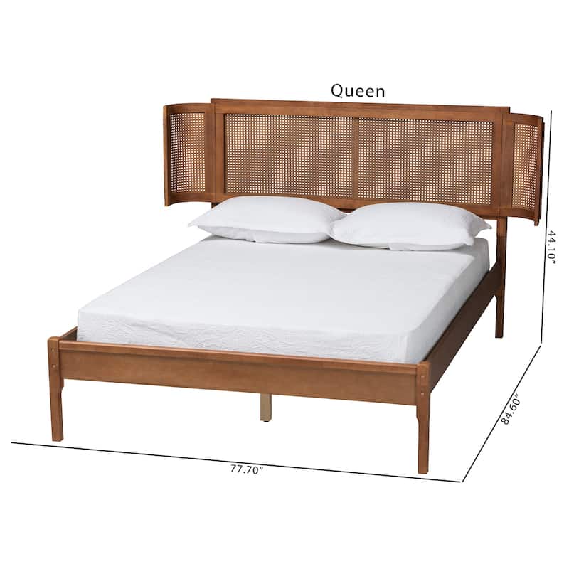 Eridian Mid-Century Modern Walnut Brown Finished Wood and Natural Rattan Platform Bed