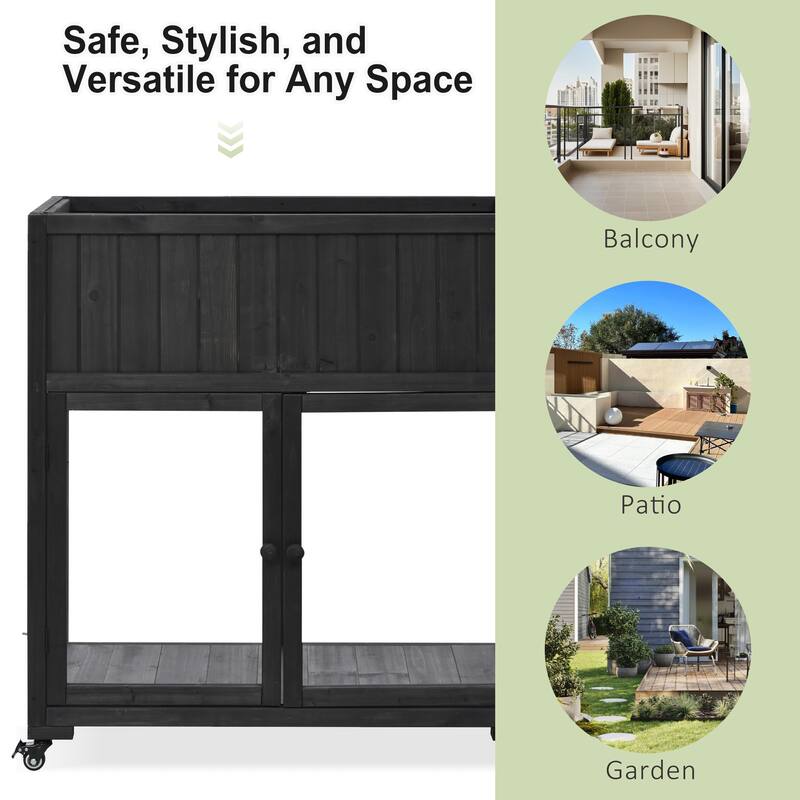 Mini Wooden Cold Frame, Compact 2 Doors Greenhouse with Raised Bed and Wheels, Outdoor Wood Planter with Drainage
