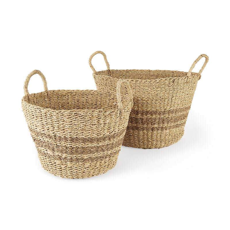 Vance 17.7L x 17.7W x 11.8H Light Brown Palm Leaf and Seagrass Round Basket W/ Handles - Light Brown
