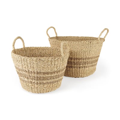 Vance 17.7L x 17.7W x 11.8H Light Brown Palm Leaf and Seagrass Round Basket W/ Handles