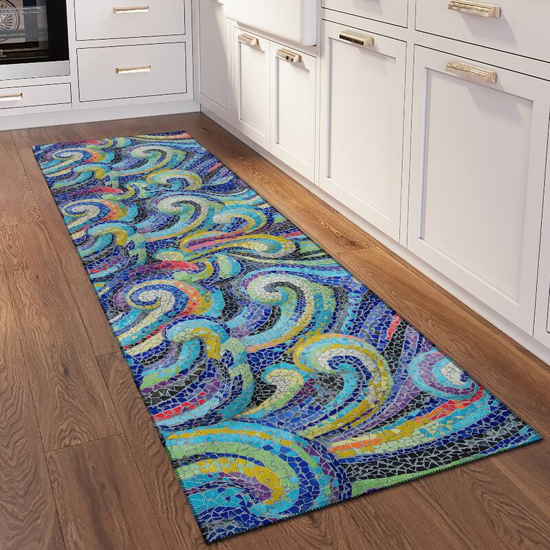 Indoor/ Outdoor Surfside Mosaic Waves Washable Rug New