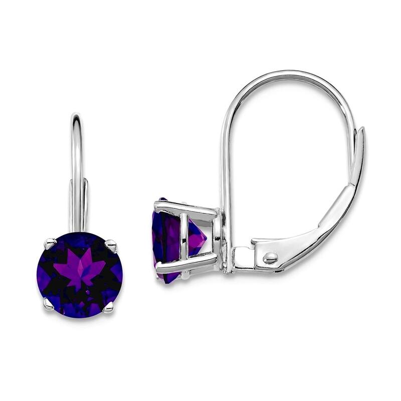 Curata 14k White Gold 6mm Round Genuine Gemstone Leverback Earrings - 17x6mm - Amethyst