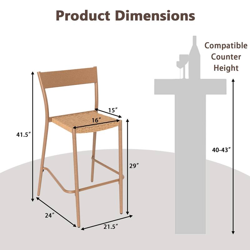 Gymax 2PCS Patio Barstools Outdoor Bar Height Chairs w/ Rattan Seat &