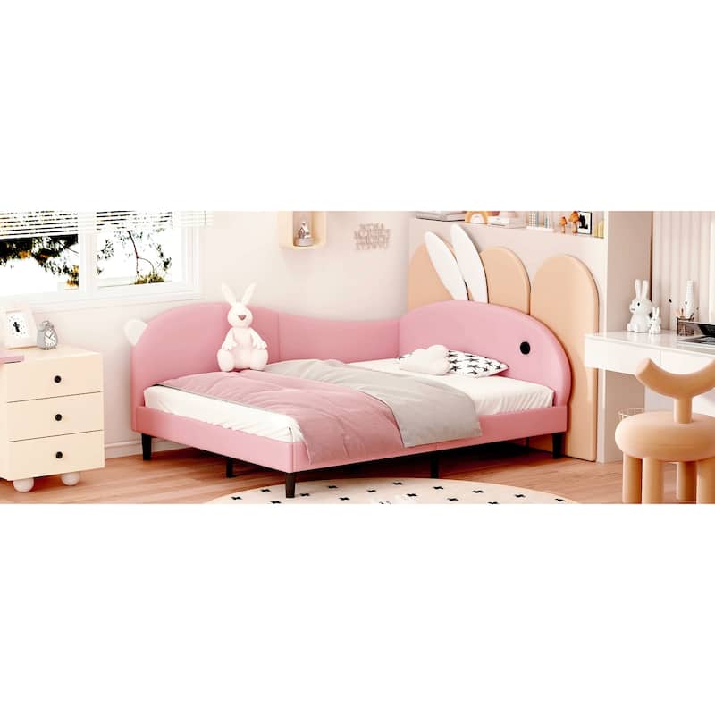 Full size Upholstered Rabbit-Shape Daybed, Sofabed with Rabbit Ear Headboard, Pink