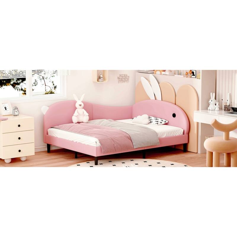 Pink Rabbit-Ear Headboard Upholstered Daybed, Full Size Sofa Bed