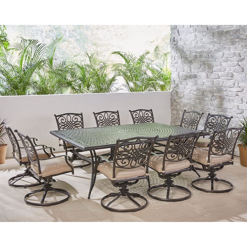 Hanover Traditions 11-Piece Dining Set in Tan with Ten Swivel Rockers and an Extra-Long Dining Table