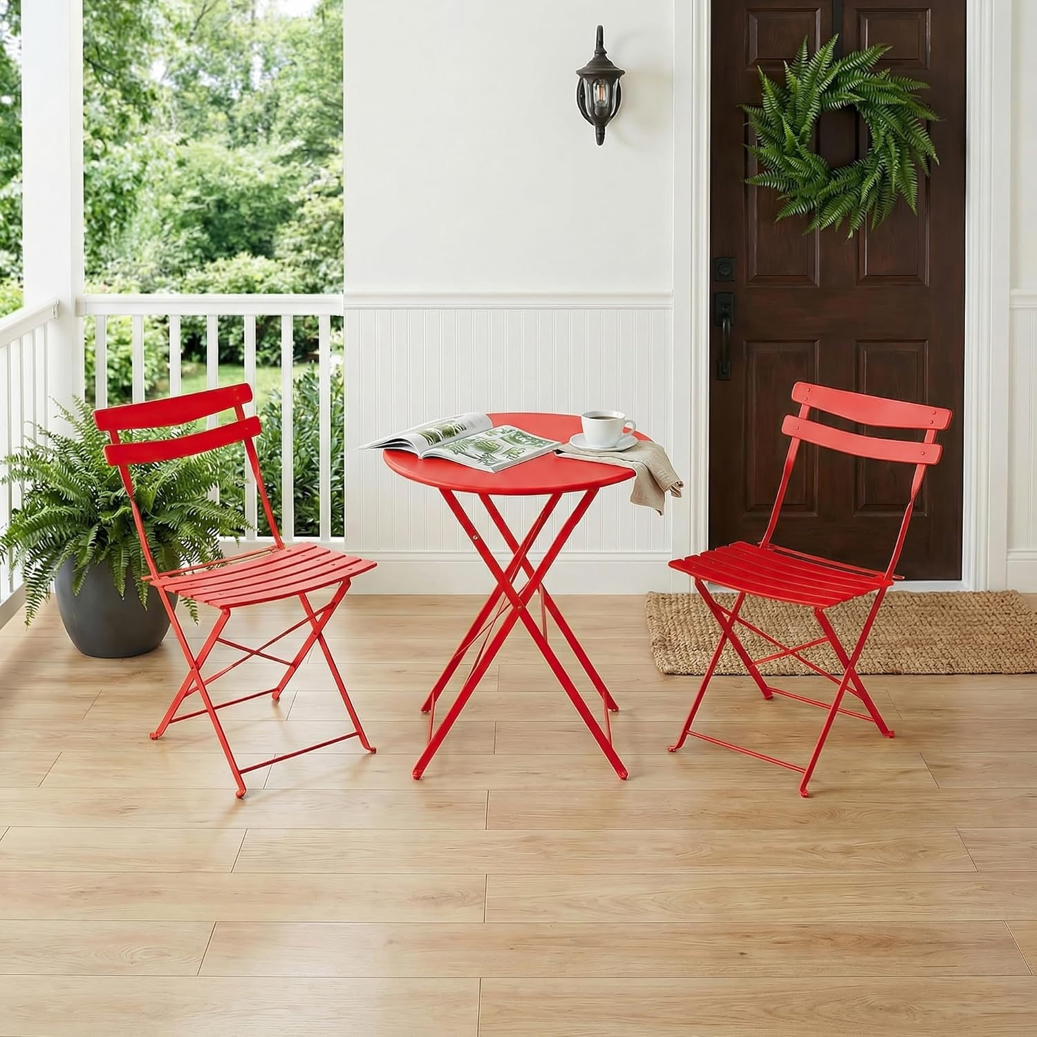 3 Piece Foldable Patio Bistro Set, Compact Round Table with 2 Folding Chairs for Garden