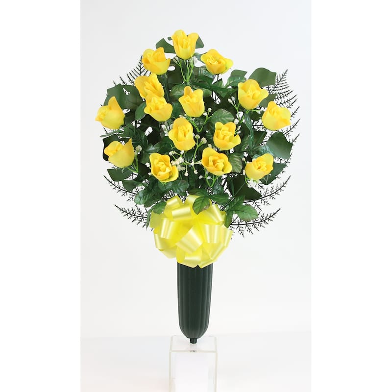 Flat Rosebud & Gypsophilia X17 Cemetery Vase - N/A - Yellow