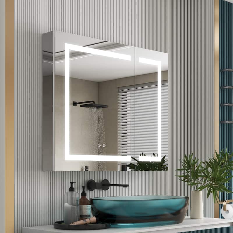 30" H Recessed or Surface LED Mirror Cabinet with Adjustable Glass Shelves,Defogger, Dimmer And Outlets & USB Ports