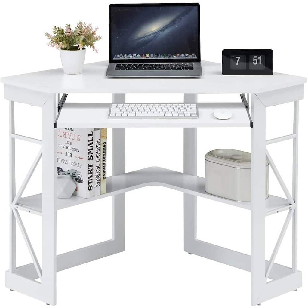 Triangle Wooden Corner Computer Desk with Storage Shelves and Keyboard Tray