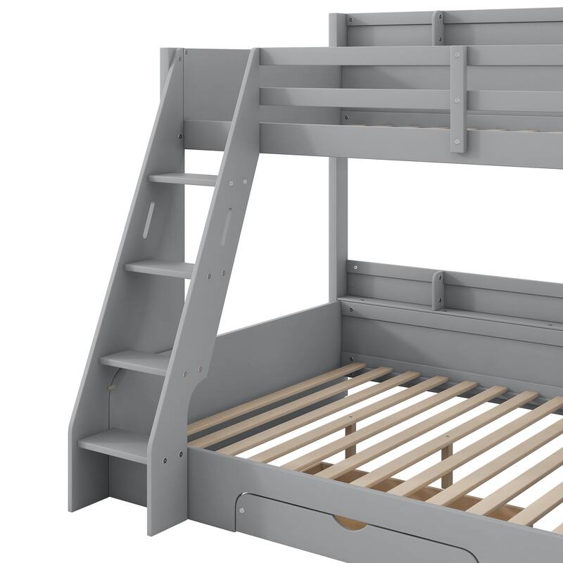 GDFStudio - Wood Twin over Full Bunk Bed with Storage, Drawer, LED & Charging Station