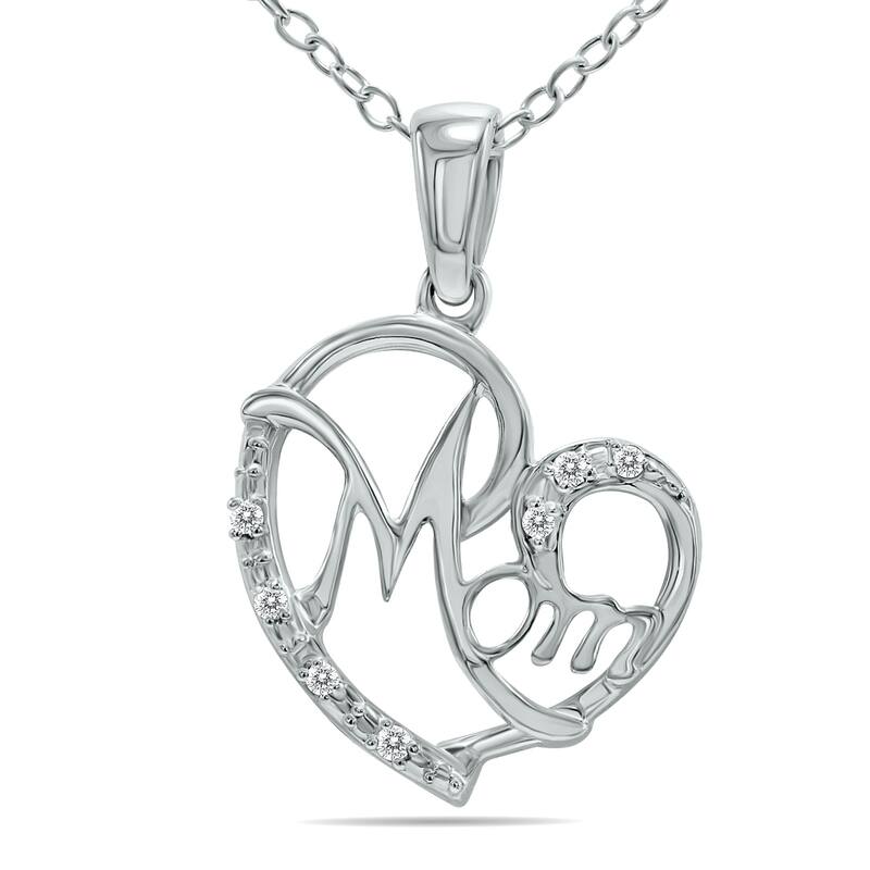 Marquee Cursive Mom Heart Diamond Necklace in .925 Sterling Silver